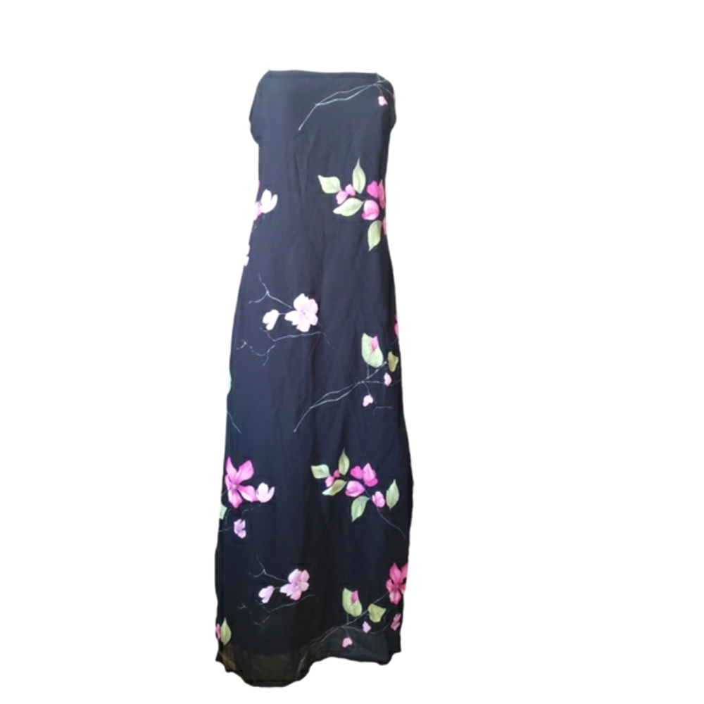 A.B.S. By Allen Schwartz Evening Long Black Strappy Dress & Beaded Roses Size 10